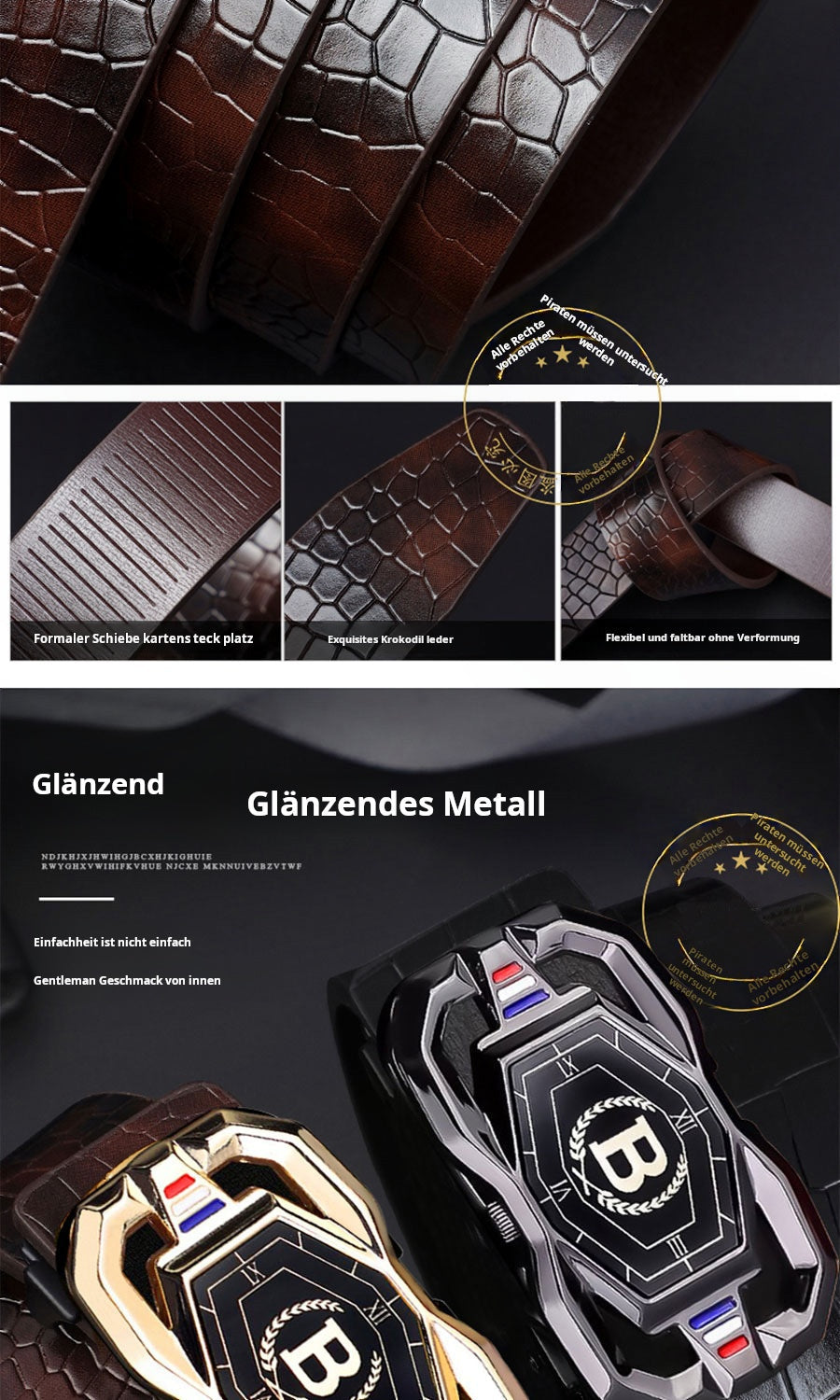 🐊✨ Cinturón de Piel para Hombre con Estampado Tipo Cocodrilo – Hebilla Automática y Piel de Vacuno