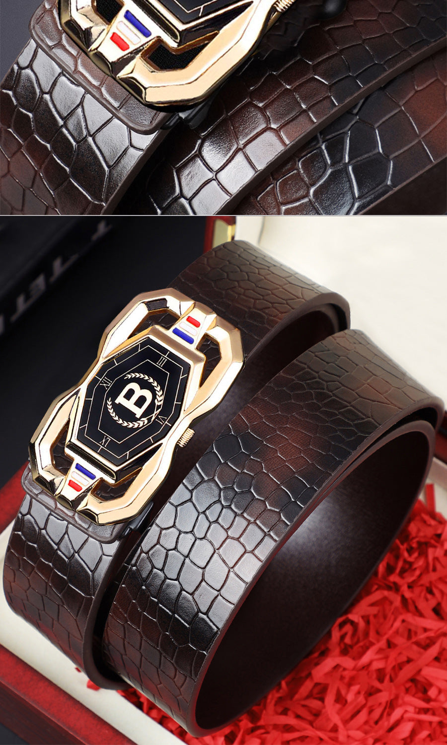🐊✨ Cinturón de Piel para Hombre con Estampado Tipo Cocodrilo – Hebilla Automática y Piel de Vacuno