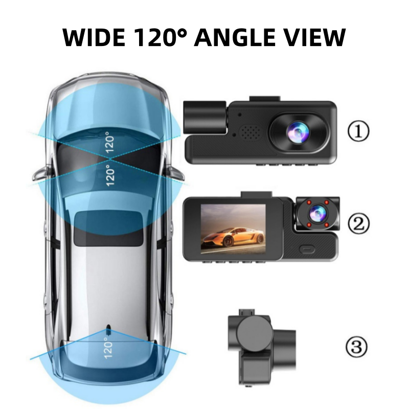 ⏰🔥 ¡50% DE DESCUENTO POR TIEMPO LIMITADO! 🚗📸 Sistema de 3 Cámaras para Auto – Cobertura Total 120° y Grabación Fácil sin Sacar la Tarjeta 🛡️✨