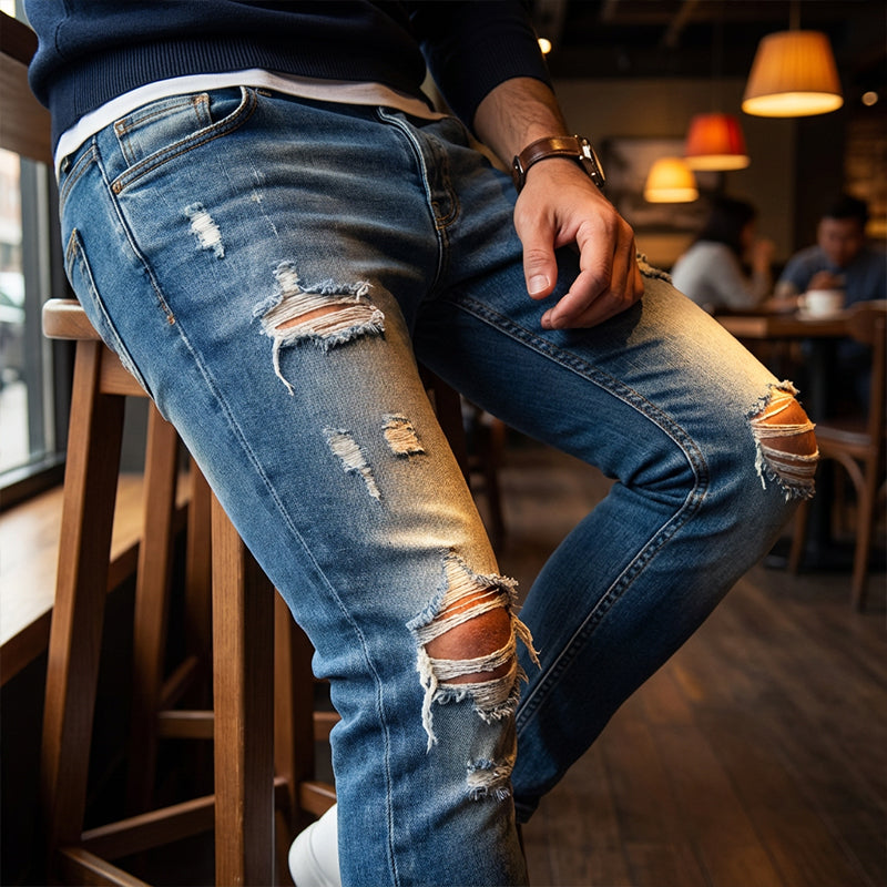 👖 Vaqueros Ajustados Rotos para Hombre – Estilo Moderno, Elegante y Urbano ✨💪