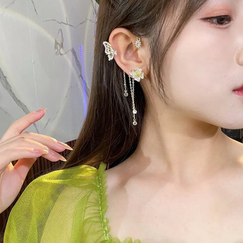 💕 Pendientes de Clip Sencillos con Motivo de Mariposa y Flor – Elegantes, Cómodos y Sin Necesidad de Perforación 🌸🦋