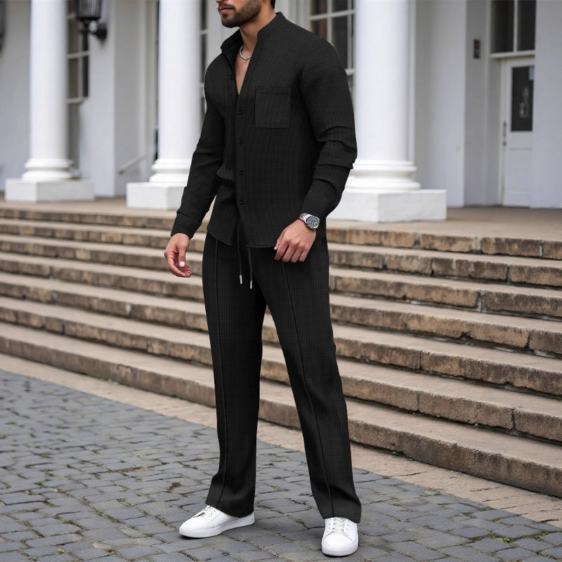 👕 Conjunto de Dos Piezas para Hombre 👖 Camisa y Pantalón Informales de Tejido Gofrado 🌟 Estilo y comodidad para cada ocasión ✨