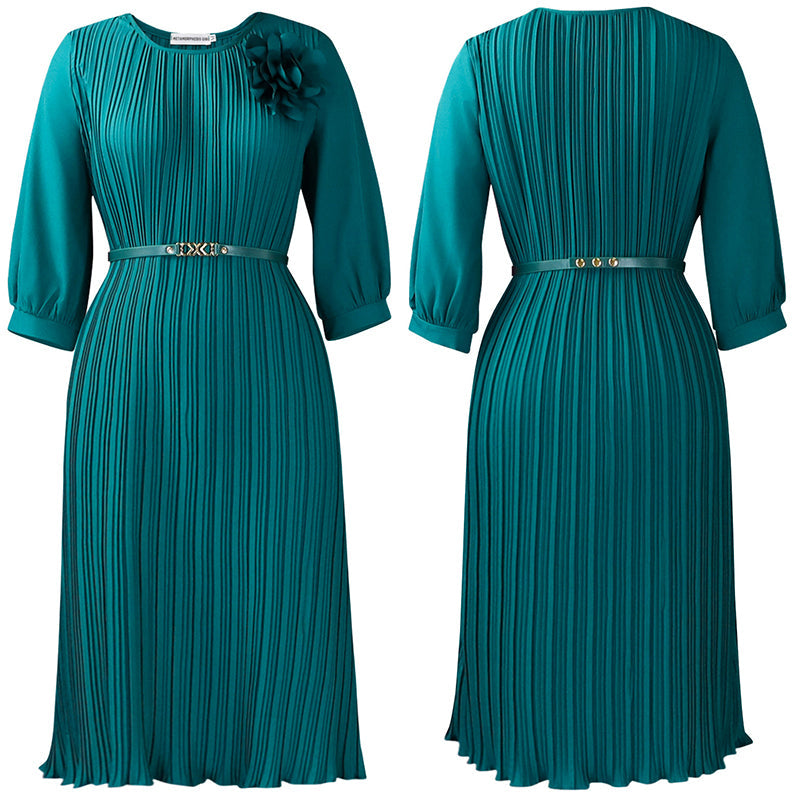 👗✨ Vestido Midi Plisado de Manga 3/4 con Cinturón para Mujer – Elegancia Clásica y Estilo Sofisticado para Cualquier Ocasión 💖🌸