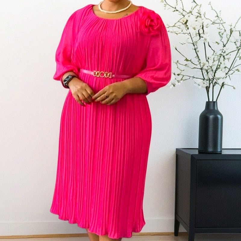 👗✨ Vestido Midi Plisado de Manga 3/4 con Cinturón para Mujer – Elegancia Clásica y Estilo Sofisticado para Cualquier Ocasión 💖🌸