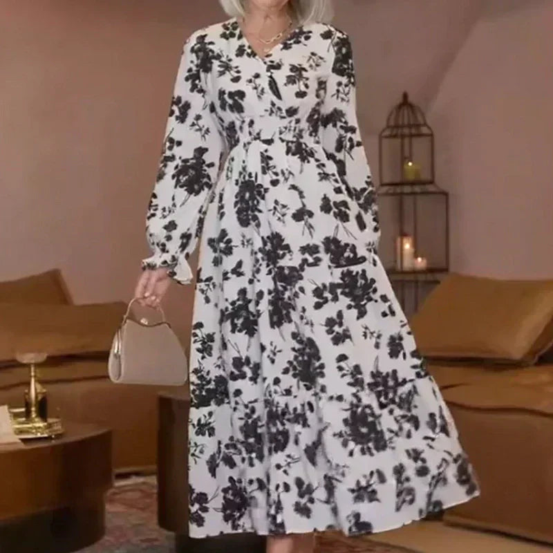 🌸👗 Vestido Maxi de Capas con Estampado Floral – Cuello en V, Cintura Ceñida y Manga Larga para un Look Elegante y Sofisticado 💃✨