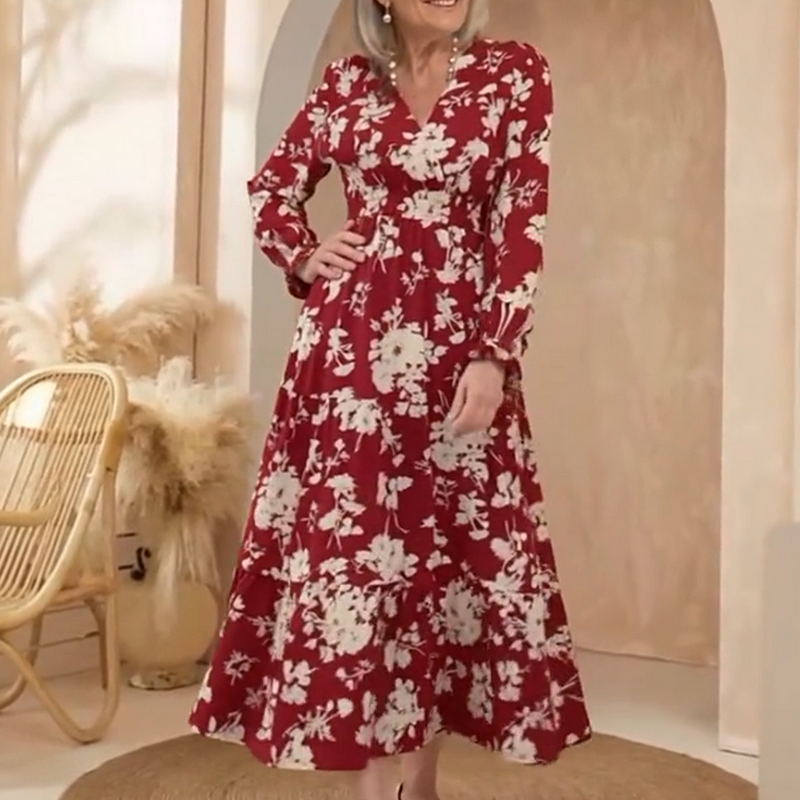 🌸👗 Vestido Maxi de Capas con Estampado Floral – Cuello en V, Cintura Ceñida y Manga Larga para un Look Elegante y Sofisticado 💃✨