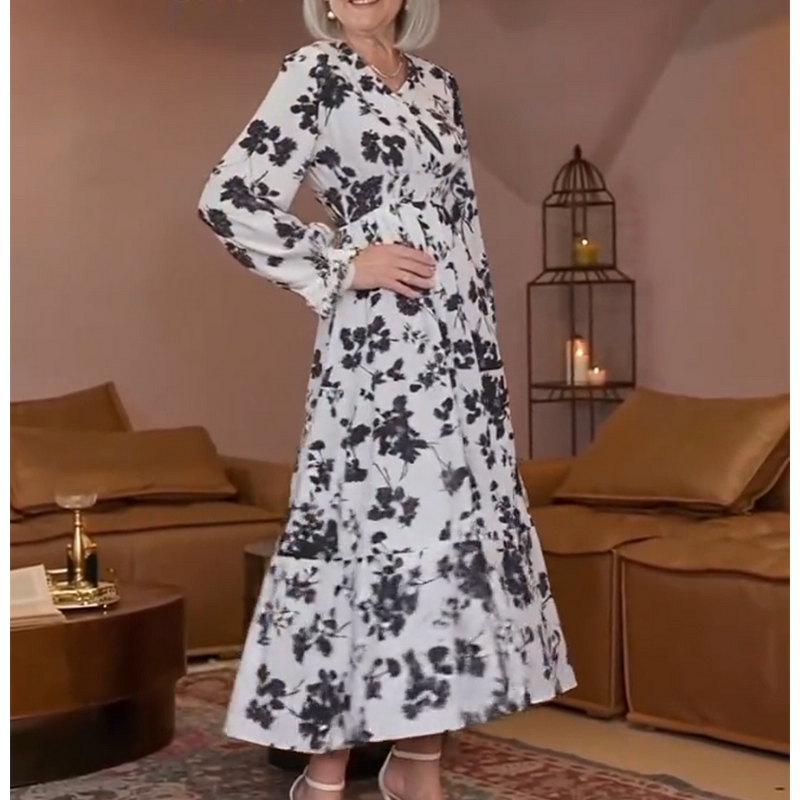 🌸👗 Vestido Maxi de Capas con Estampado Floral – Cuello en V, Cintura Ceñida y Manga Larga para un Look Elegante y Sofisticado 💃✨