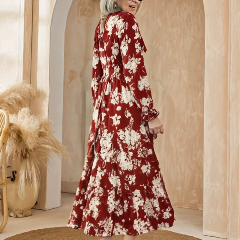 🌸👗 Vestido Maxi de Capas con Estampado Floral – Cuello en V, Cintura Ceñida y Manga Larga para un Look Elegante y Sofisticado 💃✨