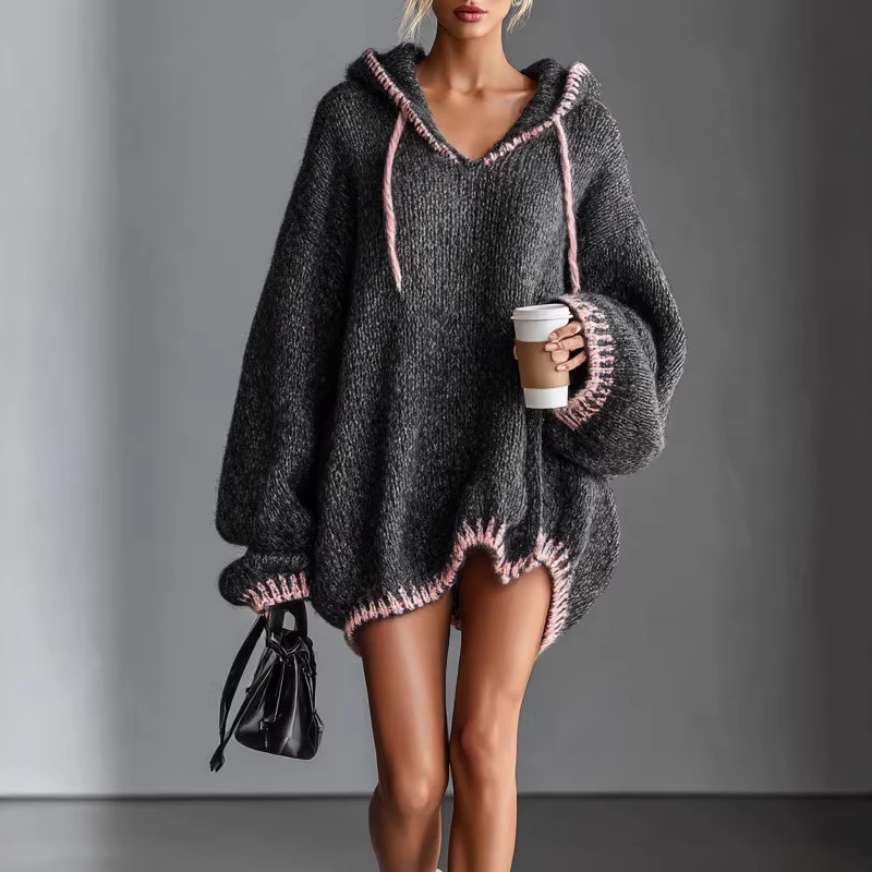 👚✨ Sudadera Extragrande de Punto con Capucha para Mujer – Cuello en V y Ribete en Contraste, Comodidad y Estilo Casual 🌸💖