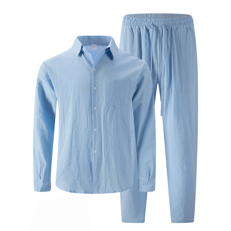 👔🌿 Conjunto de Camisa de Manga Larga y Pantalón Largo de Lino para Hombre (2 Piezas) – Estilo Fresco y Elegante para el Día a Día 💼✨