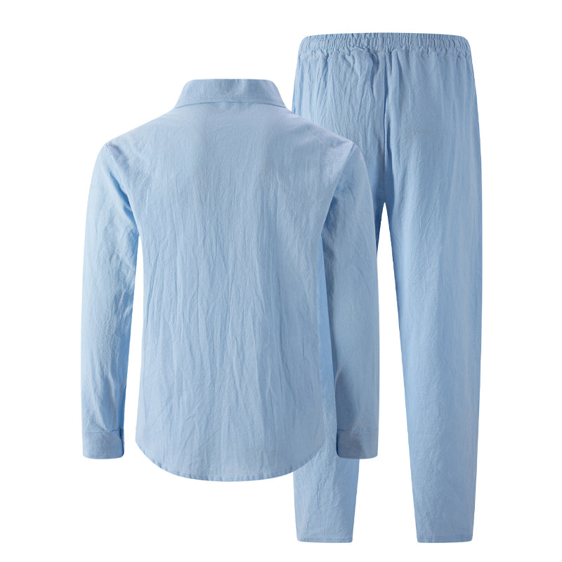 👔🌿 Conjunto de Camisa de Manga Larga y Pantalón Largo de Lino para Hombre (2 Piezas) – Estilo Fresco y Elegante para el Día a Día 💼✨