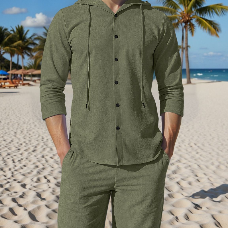 👕👖✨ Conjunto de 2 Piezas para Hombre: Camisa con Capucha y Pantalones de Lino – Comodidad, Estilo Casual y Frescura Todo el Día 🌿🌟
