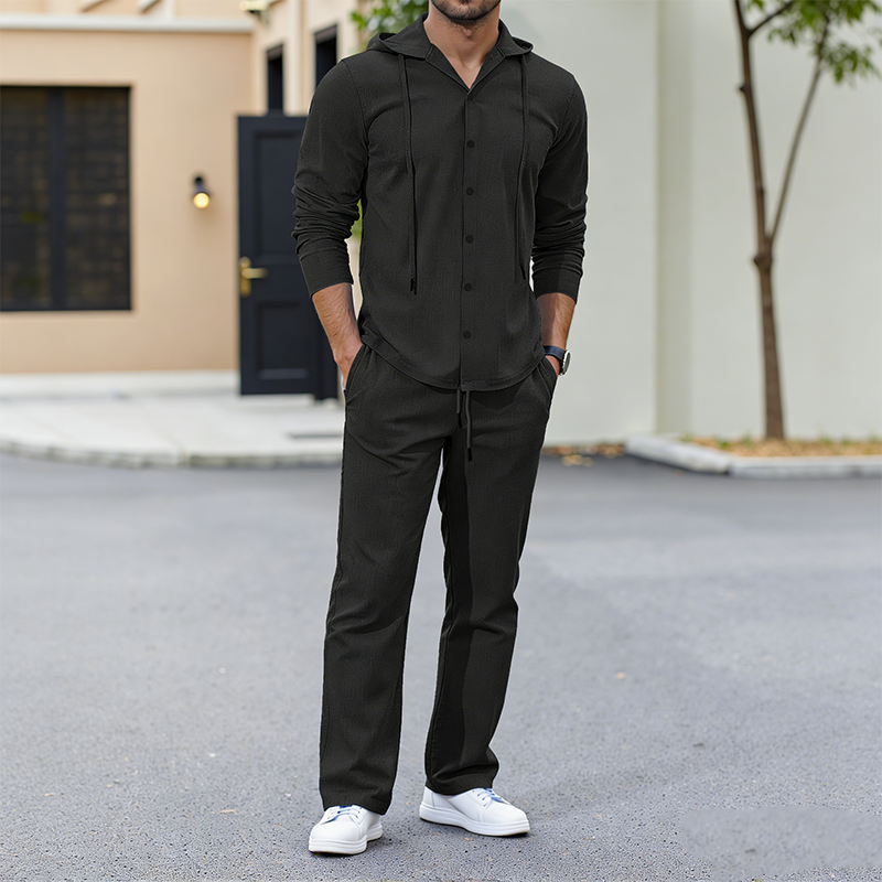 👕👖✨ Conjunto de 2 Piezas para Hombre: Camisa con Capucha y Pantalones de Lino – Comodidad, Estilo Casual y Frescura Todo el Día 🌿🌟