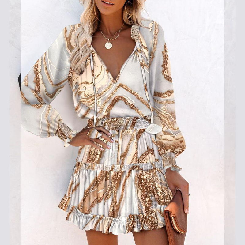 👗✨ Vestido Corto Elegante con Estampado – Cuello en V y Cintura Ajustada para un Look Sofisticado y Chic 🌸💖