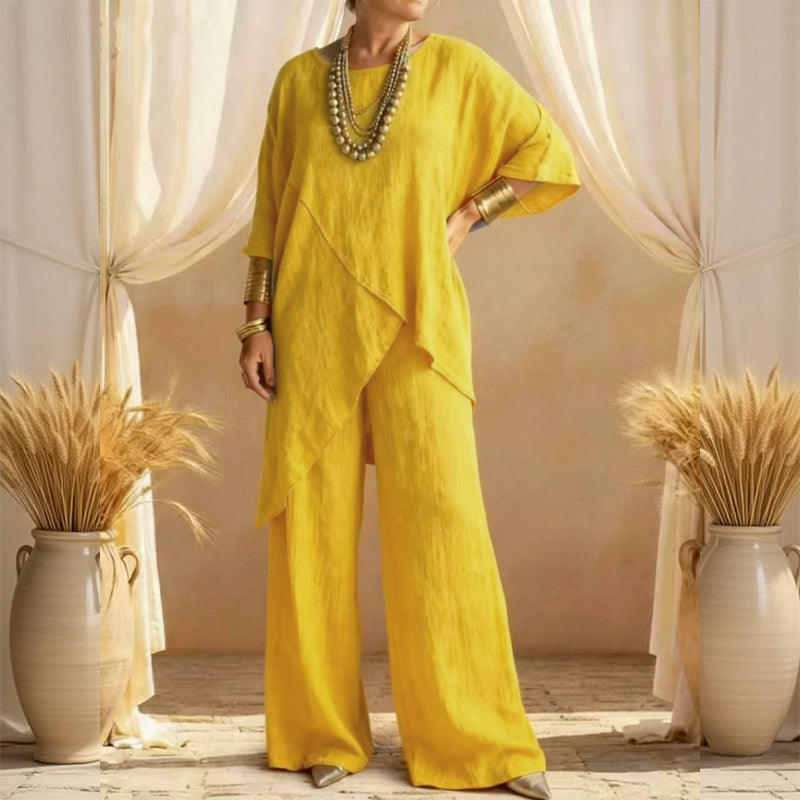 👗 Conjunto de 2 Piezas para Mujer – Top Asimétrico y Pantalón Ancho con Corte Holgado ✨ Estilo Cómodo y Elegante para Todo el Día 🌟