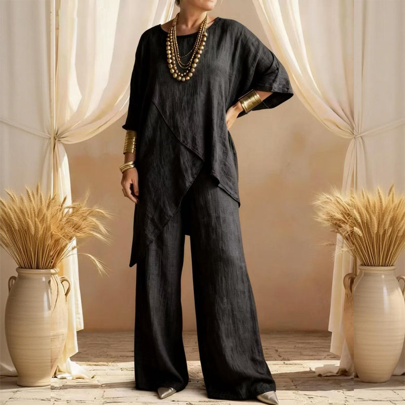 👗 Conjunto de 2 Piezas para Mujer – Top Asimétrico y Pantalón Ancho con Corte Holgado ✨ Estilo Cómodo y Elegante para Todo el Día 🌟