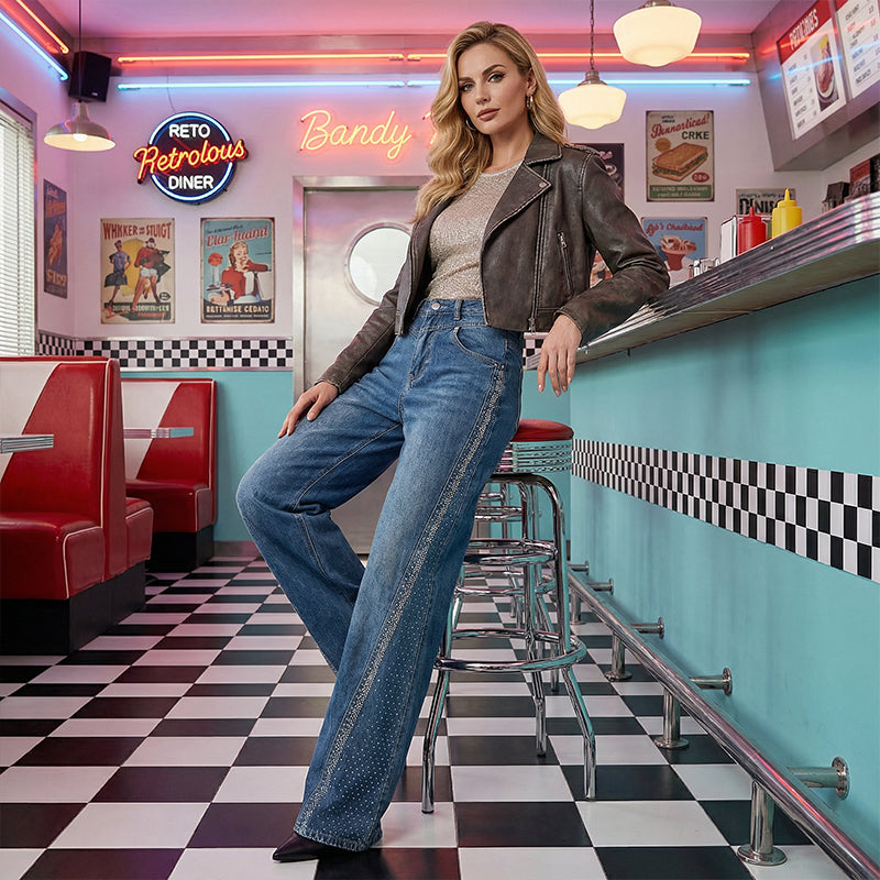 👖 Vaqueros de Pierna Ancha con Pedrería para Mujer – Estilo Único y Elegante para Cada Ocasión ✨💎