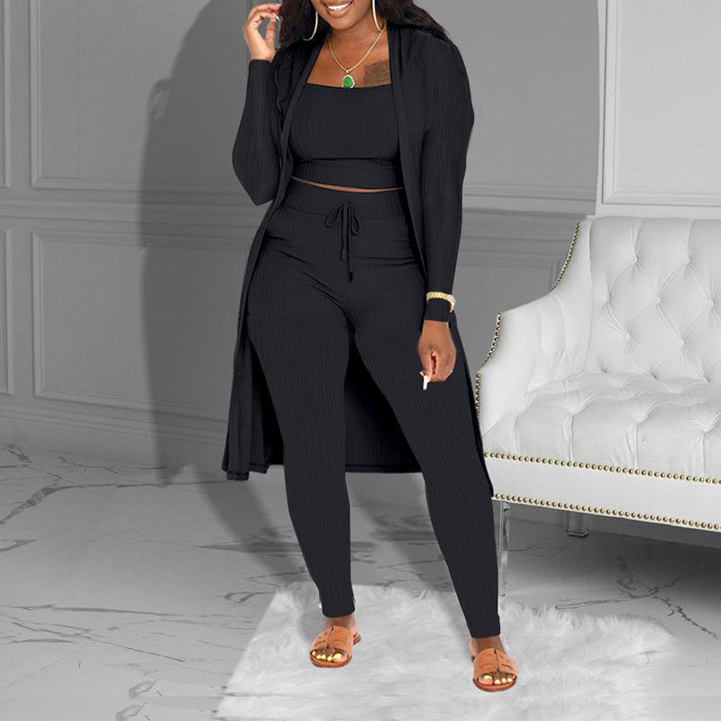 ✨ Conjunto de 3 Piezas de Punto Canelado para Mujer – Top Corto, Cardigan Largo y Pantalones Elásticos🧥🌟