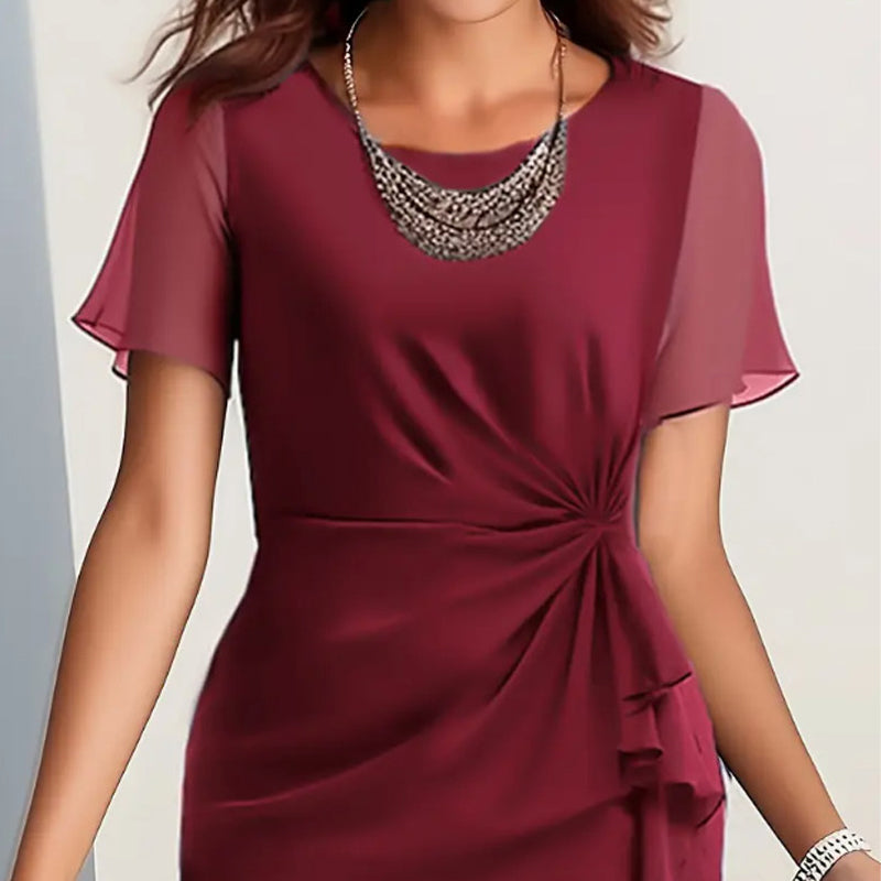 👗 Vestido Midi de Chifón para Mujer – Cuello Redondo, Manga Corta, Nudo Lateral y Volantes Asimétricos, Tallas S-2XL ✨🌸