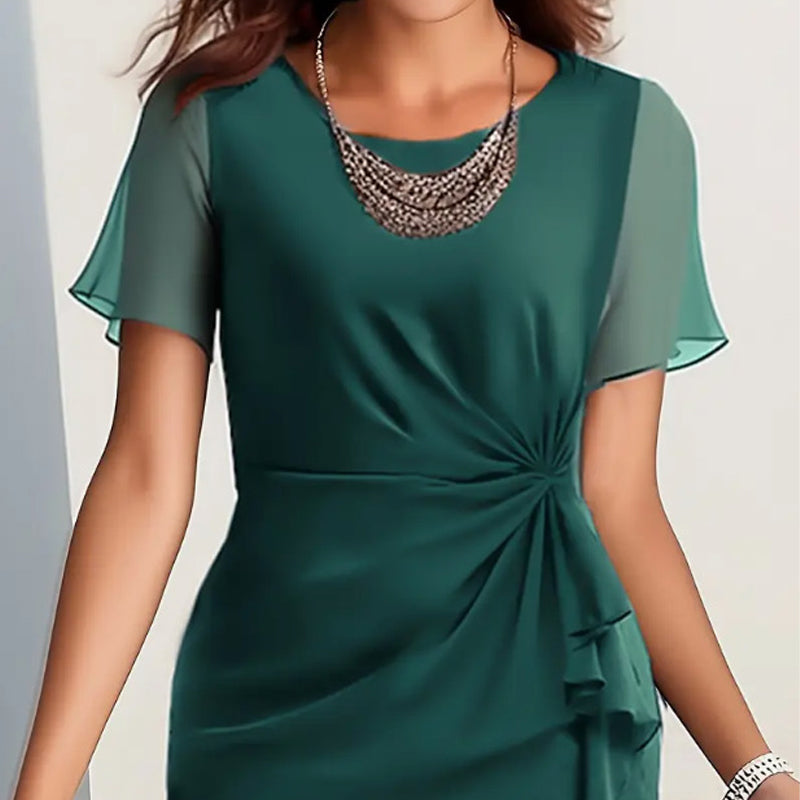 👗 Vestido Midi de Chifón para Mujer – Cuello Redondo, Manga Corta, Nudo Lateral y Volantes Asimétricos, Tallas S-2XL ✨🌸