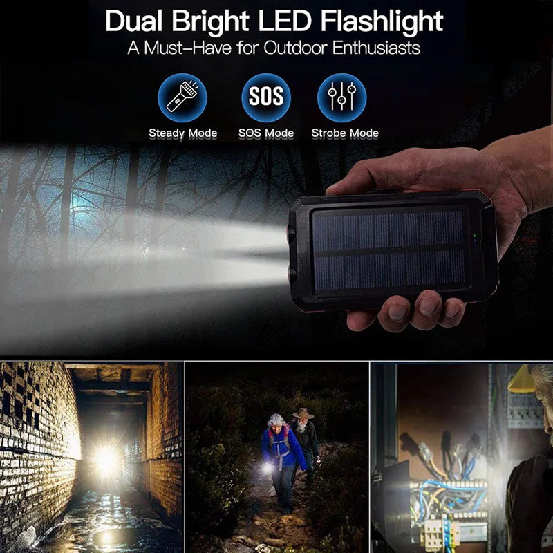 🔋 Batería Externa Portátil de 10 000 mAh con Energía Solar – Cargador Solar con 2 Linternas LED, Ideal para Viajes y Camping 🌞✨