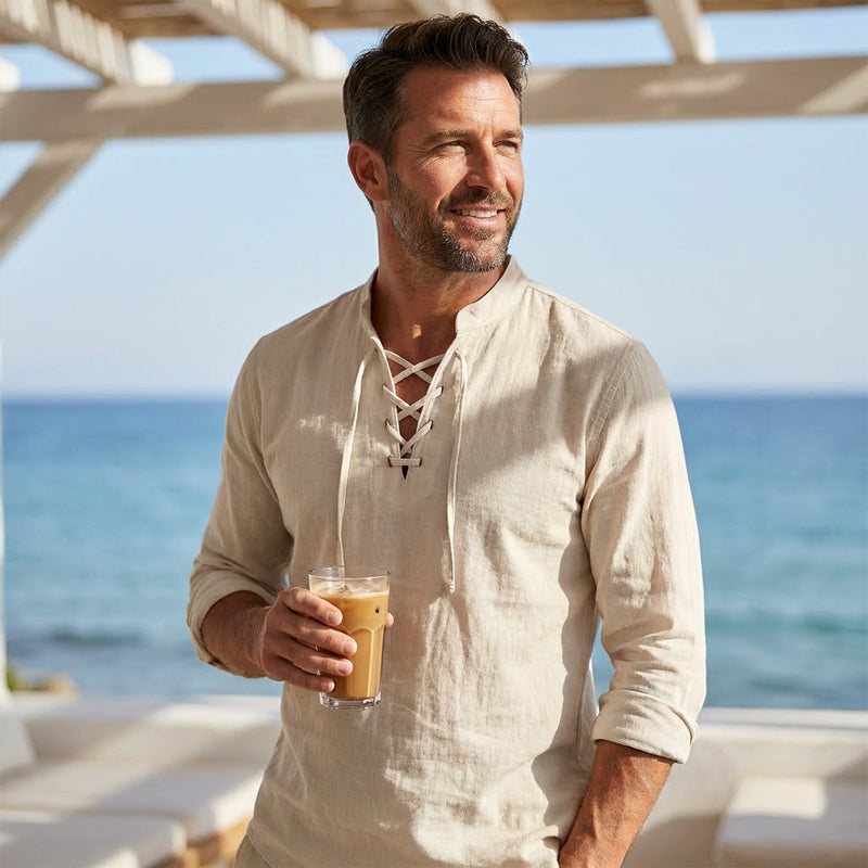 👕 Camisa Casual de Color Sólido para Hombre – Cuello Mao con Cordón Ajustable para un Estilo Único ✨👔