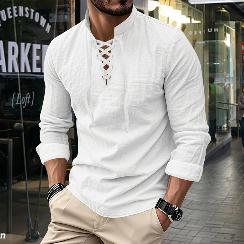 👕 Camisa Casual de Color Sólido para Hombre – Cuello Mao con Cordón Ajustable para un Estilo Único ✨👔