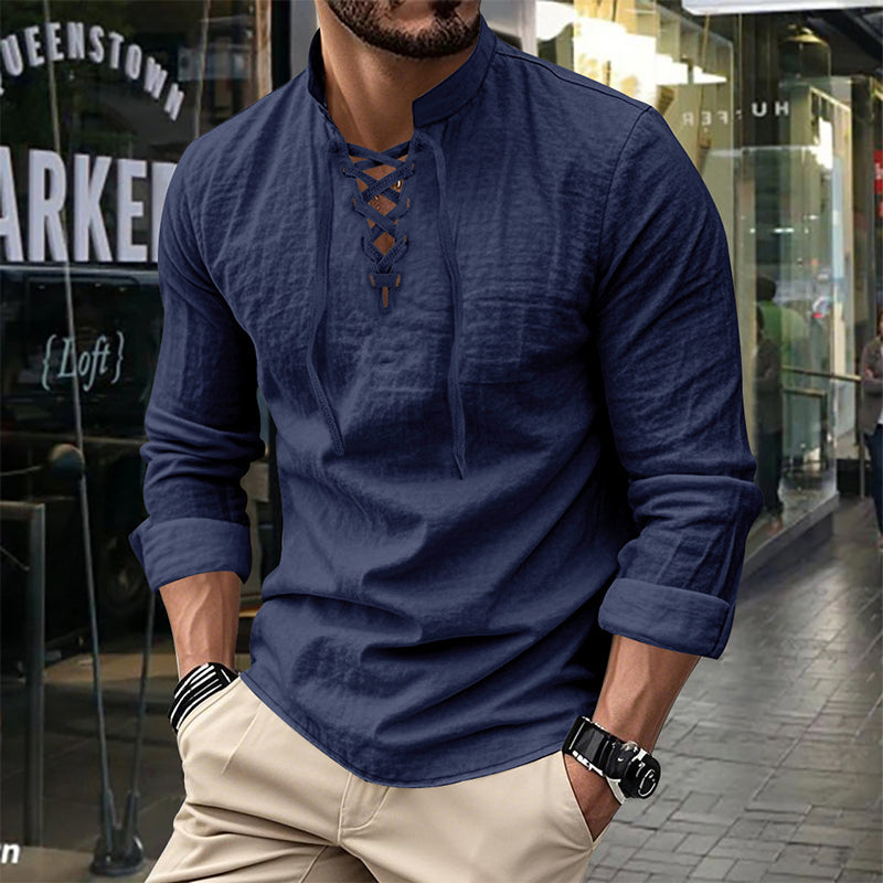 👕 Camisa Casual de Color Sólido para Hombre – Cuello Mao con Cordón Ajustable para un Estilo Único ✨👔