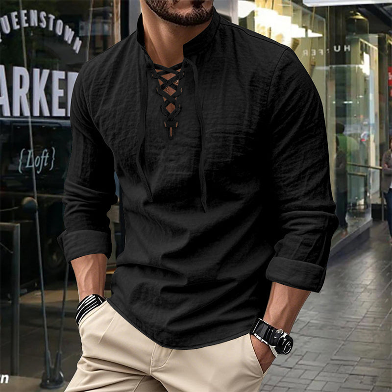 👕 Camisa Casual de Color Sólido para Hombre – Cuello Mao con Cordón Ajustable para un Estilo Único ✨👔