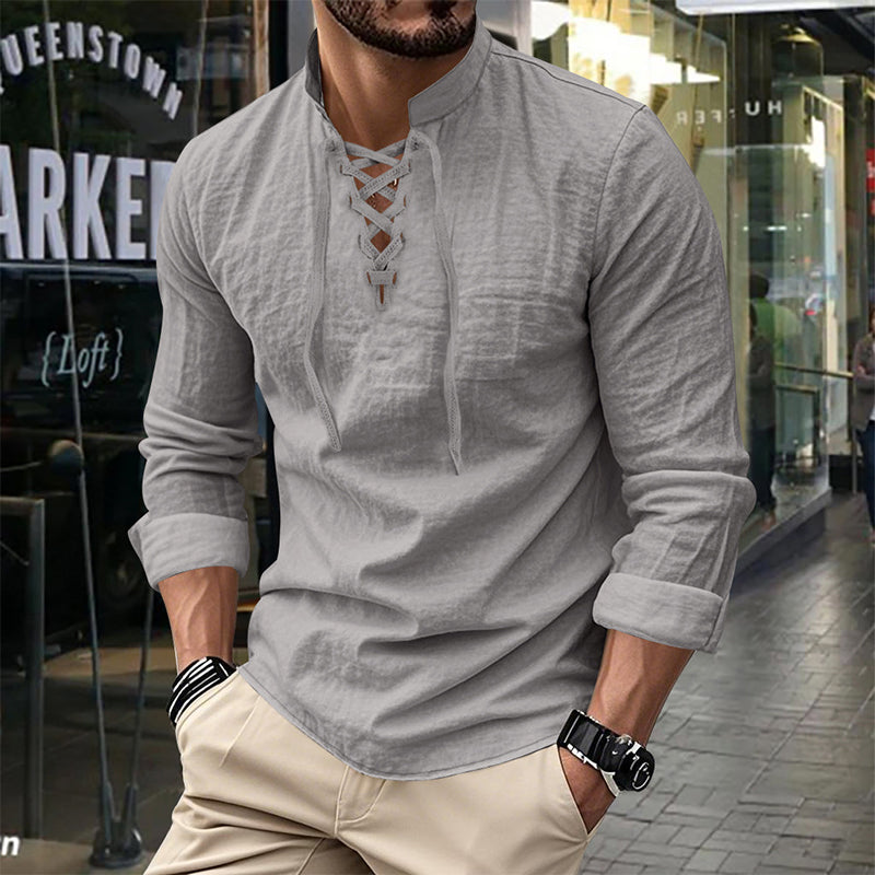 👕 Camisa Casual de Color Sólido para Hombre – Cuello Mao con Cordón Ajustable para un Estilo Único ✨👔
