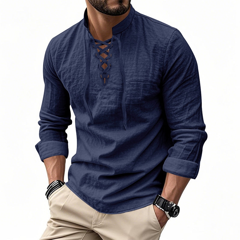 👕 Camisa Casual de Color Sólido para Hombre – Cuello Mao con Cordón Ajustable para un Estilo Único ✨👔