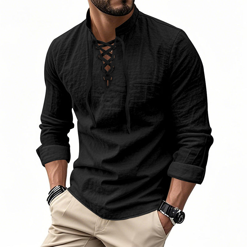 👕 Camisa Casual de Color Sólido para Hombre – Cuello Mao con Cordón Ajustable para un Estilo Único ✨👔