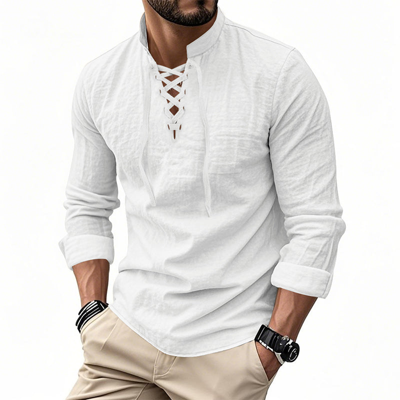 👕 Camisa Casual de Color Sólido para Hombre – Cuello Mao con Cordón Ajustable para un Estilo Único ✨👔