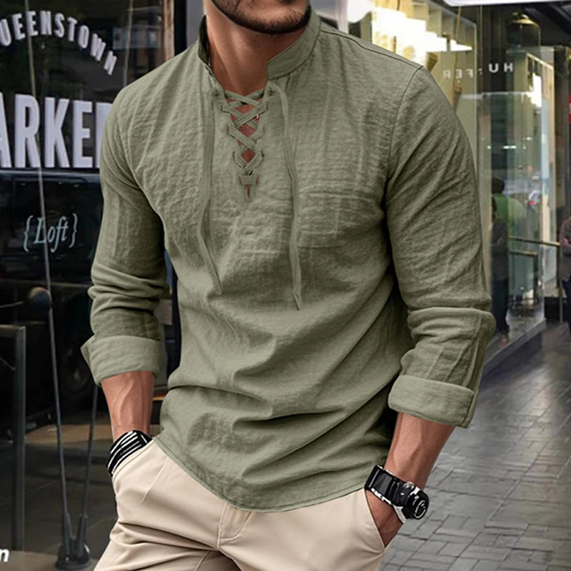 👕 Camisa Casual de Color Sólido para Hombre – Cuello Mao con Cordón Ajustable para un Estilo Único ✨👔