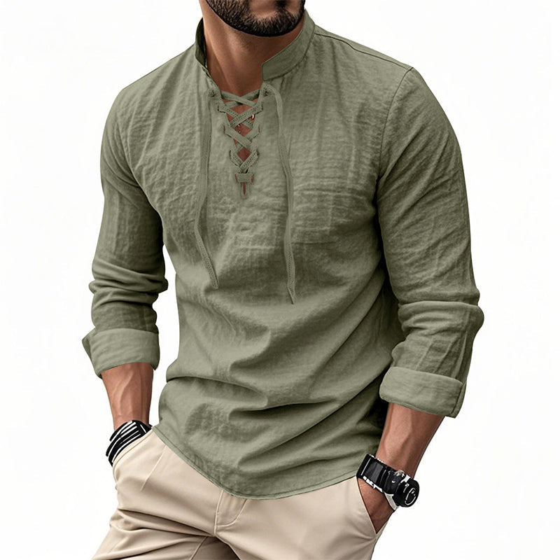 👕 Camisa Casual de Color Sólido para Hombre – Cuello Mao con Cordón Ajustable para un Estilo Único ✨👔