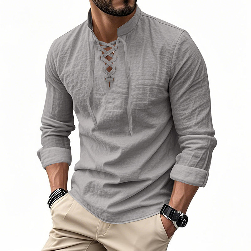 👕 Camisa Casual de Color Sólido para Hombre – Cuello Mao con Cordón Ajustable para un Estilo Único ✨👔