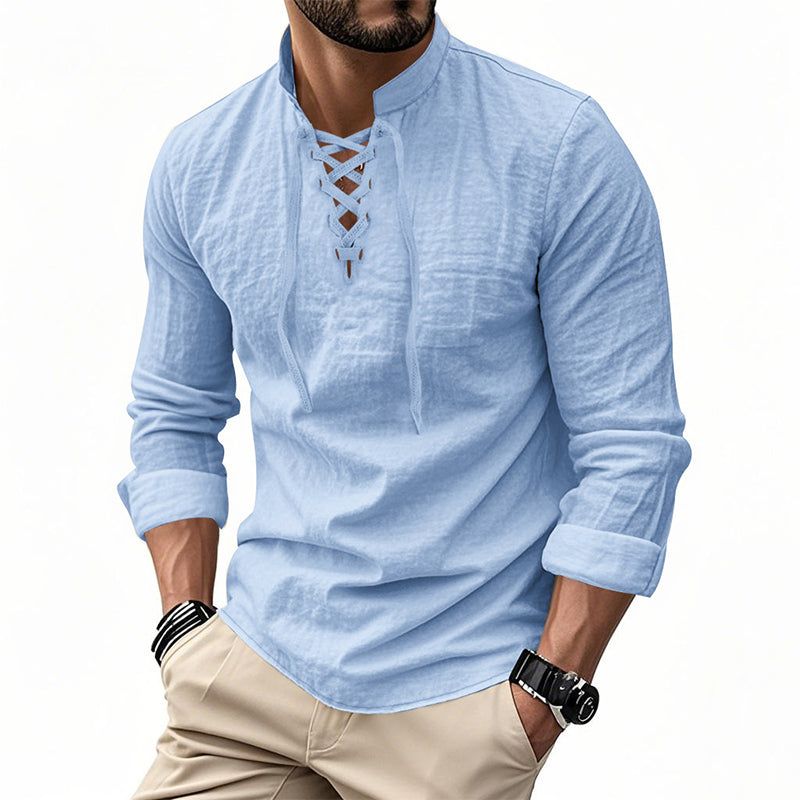 👕 Camisa Casual de Color Sólido para Hombre – Cuello Mao con Cordón Ajustable para un Estilo Único ✨👔