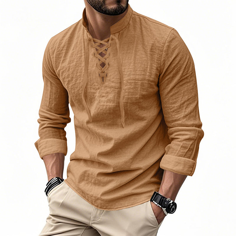 👕 Camisa Casual de Color Sólido para Hombre – Cuello Mao con Cordón Ajustable para un Estilo Único ✨👔