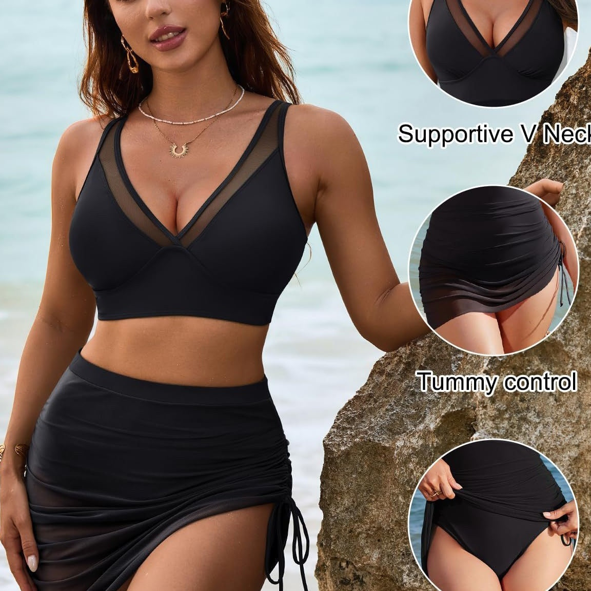 Conjunto de bikini de cintura alta para mujer con malla – Diseño moderno, ajuste cómodo y tela de secado rápido ☀️ - Compra 2 Envío Gratis