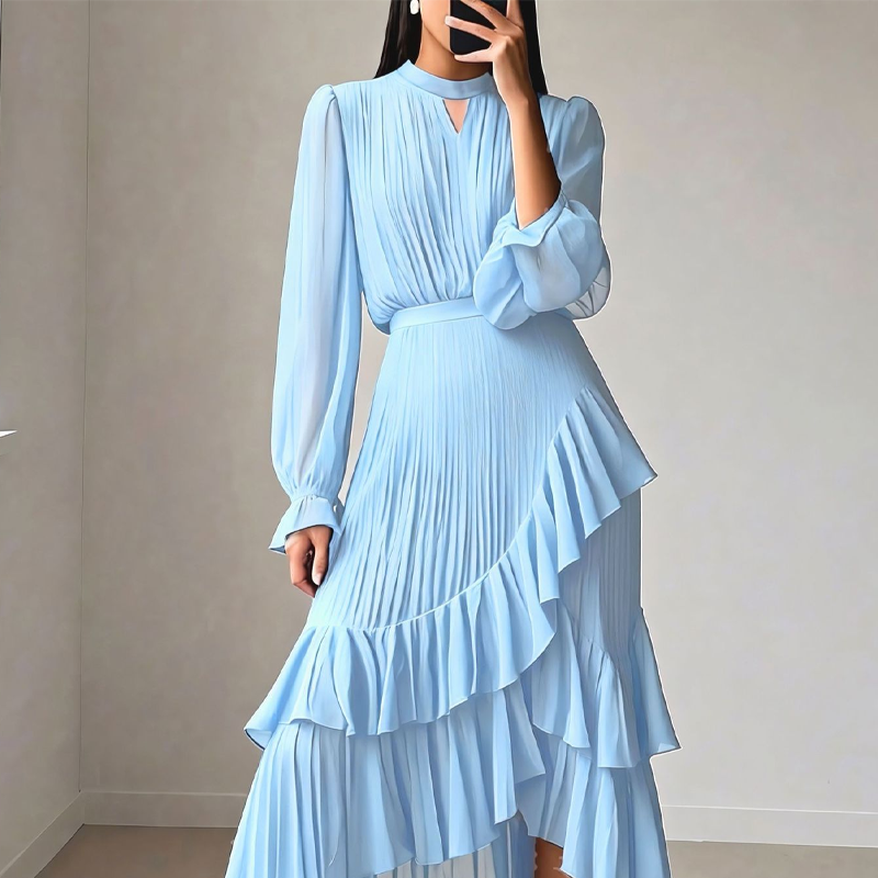 👗 Vestido Midi para Mujer – Escote en Ojal de Cerradura y Detalles de Volantes, Elegante y Femenino ✨🌸