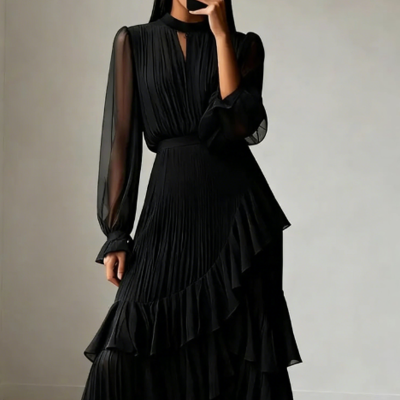 👗 Vestido Midi para Mujer – Escote en Ojal de Cerradura y Detalles de Volantes, Elegante y Femenino ✨🌸