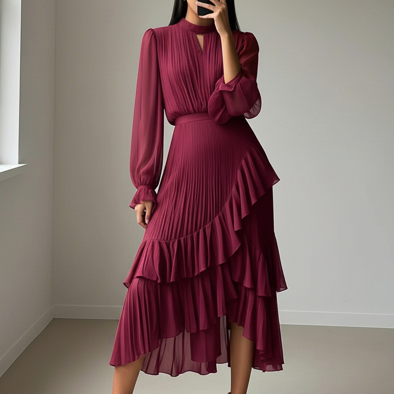 👗 Vestido Midi para Mujer – Escote en Ojal de Cerradura y Detalles de Volantes, Elegante y Femenino ✨🌸