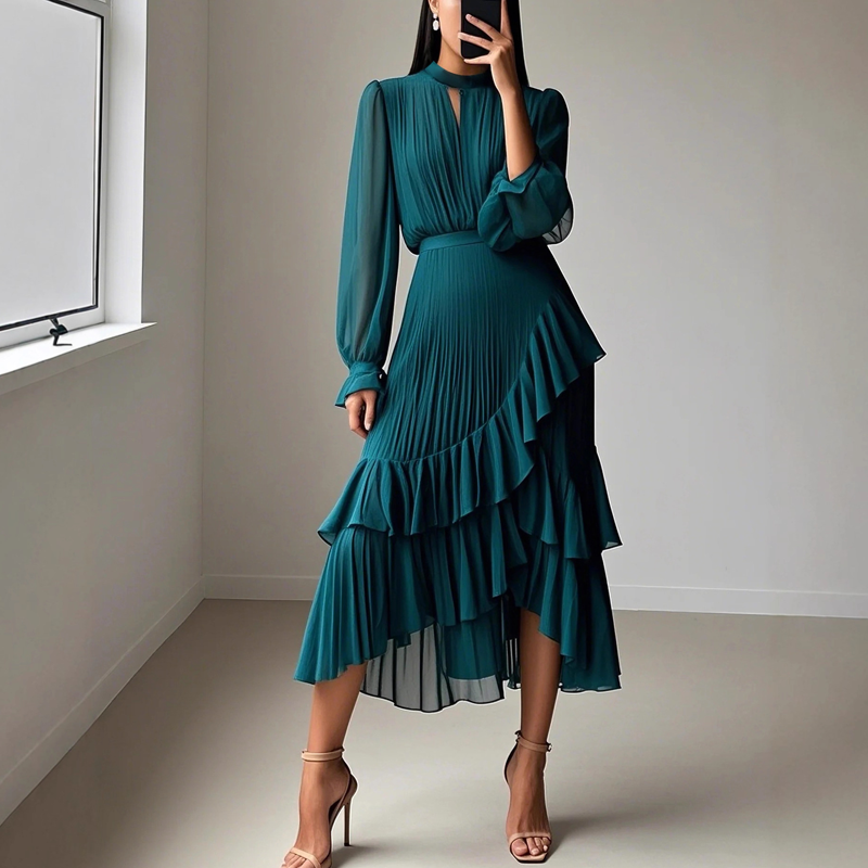 👗 Vestido Midi para Mujer – Escote en Ojal de Cerradura y Detalles de Volantes, Elegante y Femenino ✨🌸
