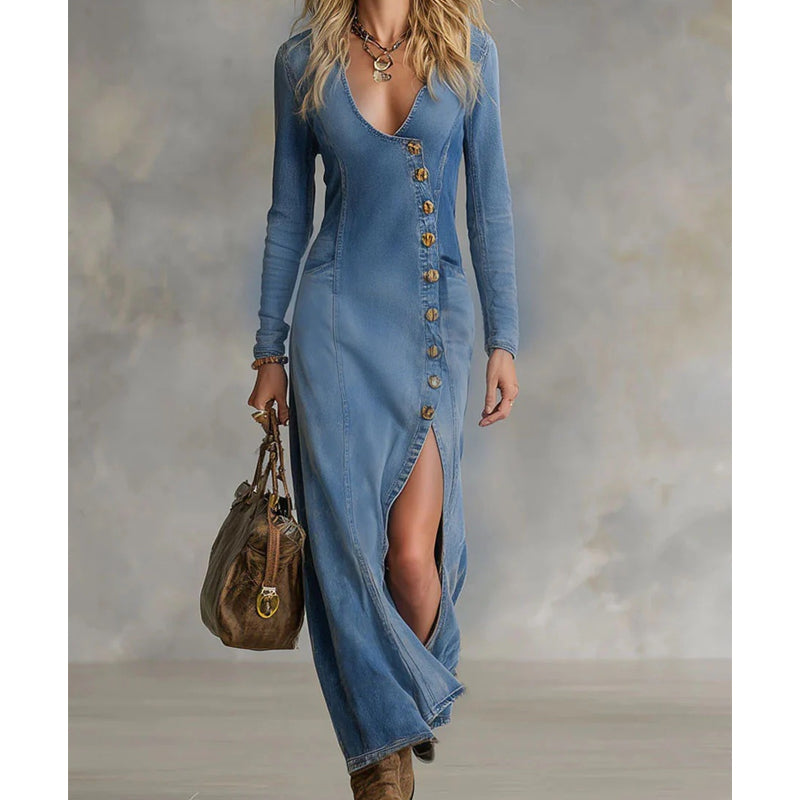 👗 Vestido Maxi de Manga Larga con Cuello en V para Mujer – Elegante y Cómodo para Todo Momento ✨🌸