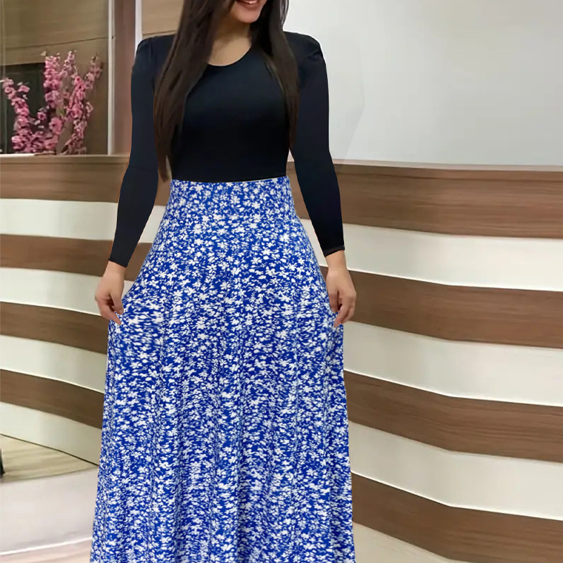 ⏰🔥 ¡50% DE DESCUENTO POR TIEMPO LIMITADO! 🌸 Vestido Largo de Mujer – Manga Larga, Estampado Floral y Detalles de Empalmes para un Look Elegante ✨💃