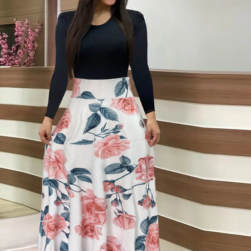 ⏰🔥 ¡50% DE DESCUENTO POR TIEMPO LIMITADO! 🌸 Vestido Largo de Mujer – Manga Larga, Estampado Floral y Detalles de Empalmes para un Look Elegante ✨💃