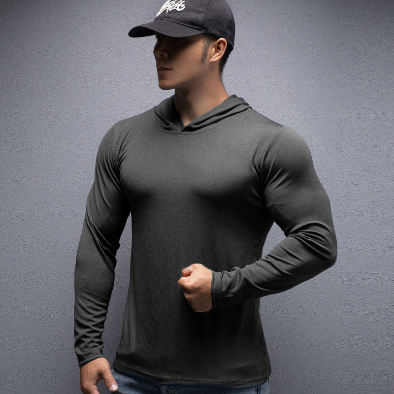 💪 Sudadera con Capucha de Manga Larga para Hombre – Tejido Elástico, Ideal para Fitness y Entrenamiento ✨👕