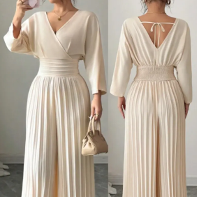 ✨ Elegante mono plisado de pierna ancha con cuello en V: elegante, cómodo y perfecto para cualquier ocasión 💃💖