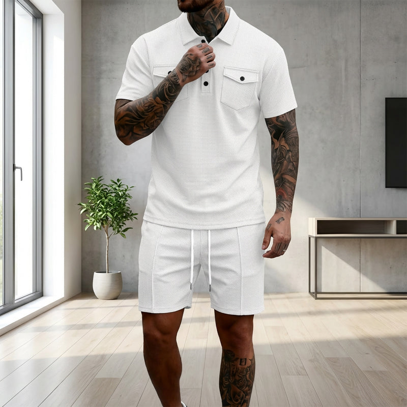 👕🩳 Conjunto de 2 piezas de camiseta de manga corta y pantalones cortos con cordón para hombre: informal, cómodo y perfecto para el verano ⚡✨