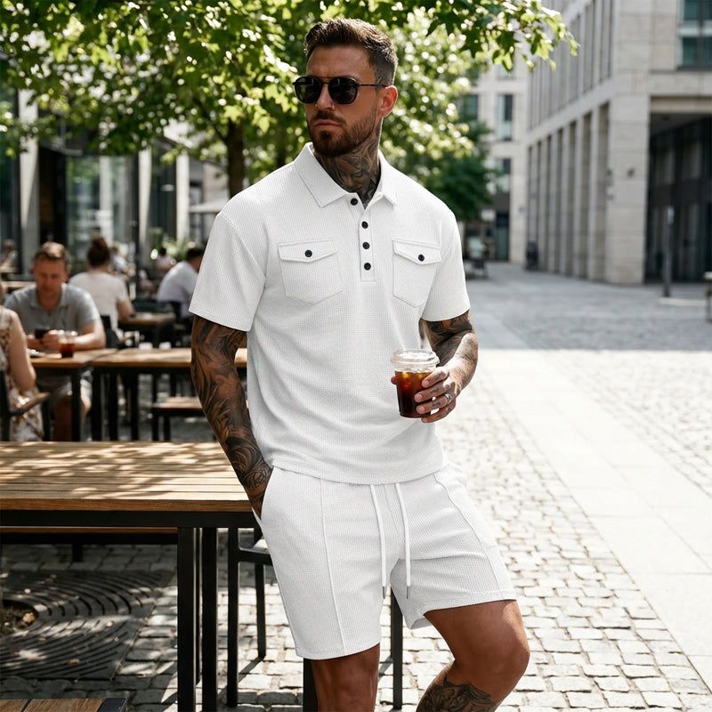 👕🩳 Conjunto de 2 piezas de camiseta de manga corta y pantalones cortos con cordón para hombre: informal, cómodo y perfecto para el verano ⚡✨